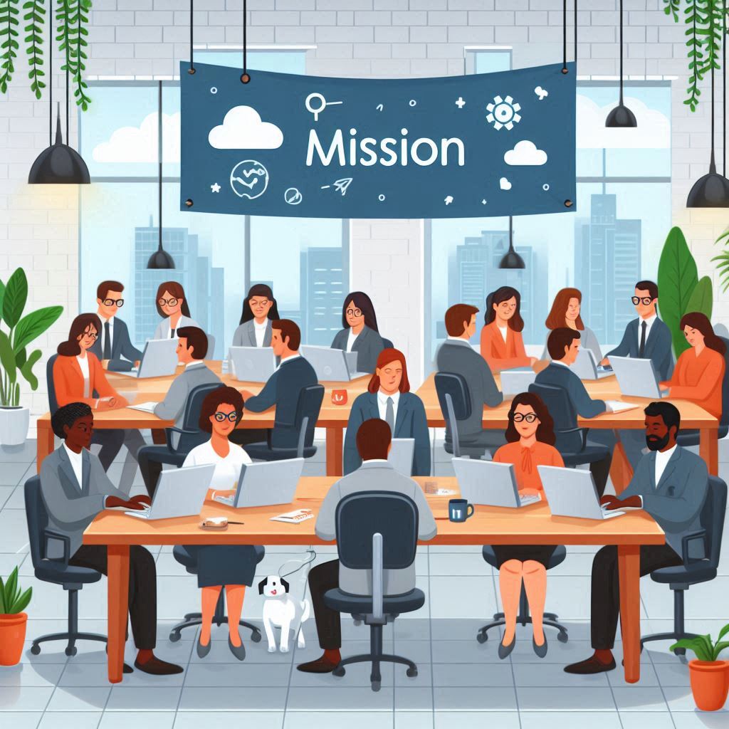 Illustration shows inclusive environment at digital workspace with a banner has 'MISSION' on it