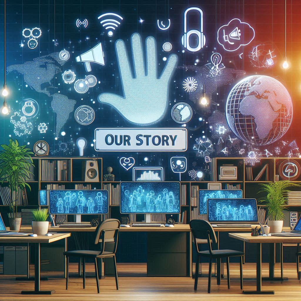 Digital art shows inclusive environment at a diverse digital workspace with a banner has 'OUR STORY' on it and Deaf sign