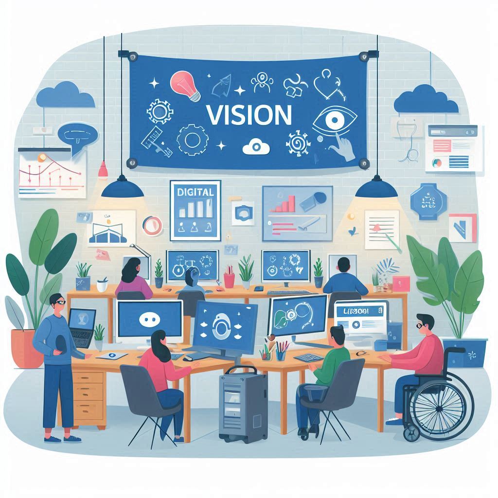 Illustration shows inclusive environment at digital workspace with a banner has 'VISION' on it