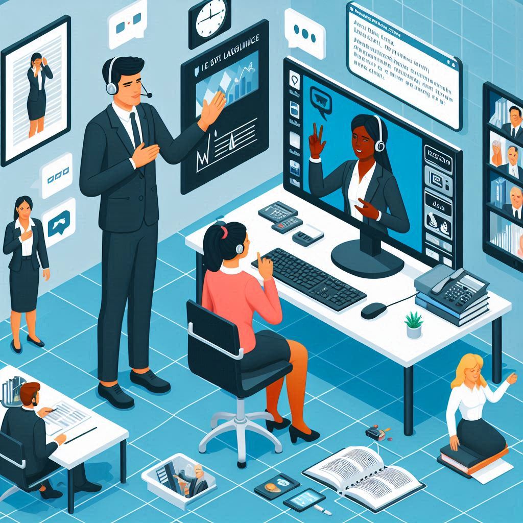 Isometric image of a diverse office setting with a Deaf employee using a sign language interpreter on a video call. The background shows accessible communication tools like visual alert systems and captioning on screens, symbolizing an inclusive workplace.