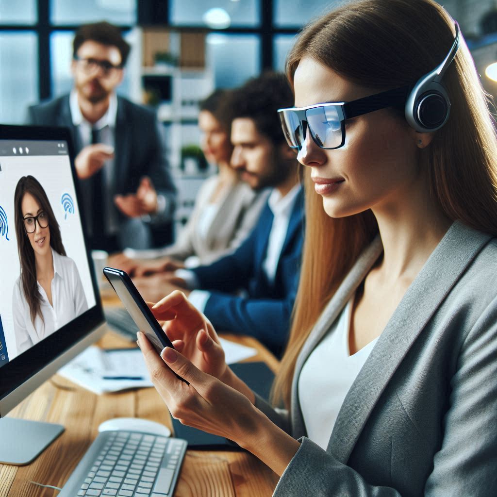 A modern office environment showing a diverse group of employees working together, with one person wearing smart glasses and another using a speech-to-text app on their smartphone. The setting is inclusive, with a sign language interpreter on a video call displayed on a computer screen in the background.