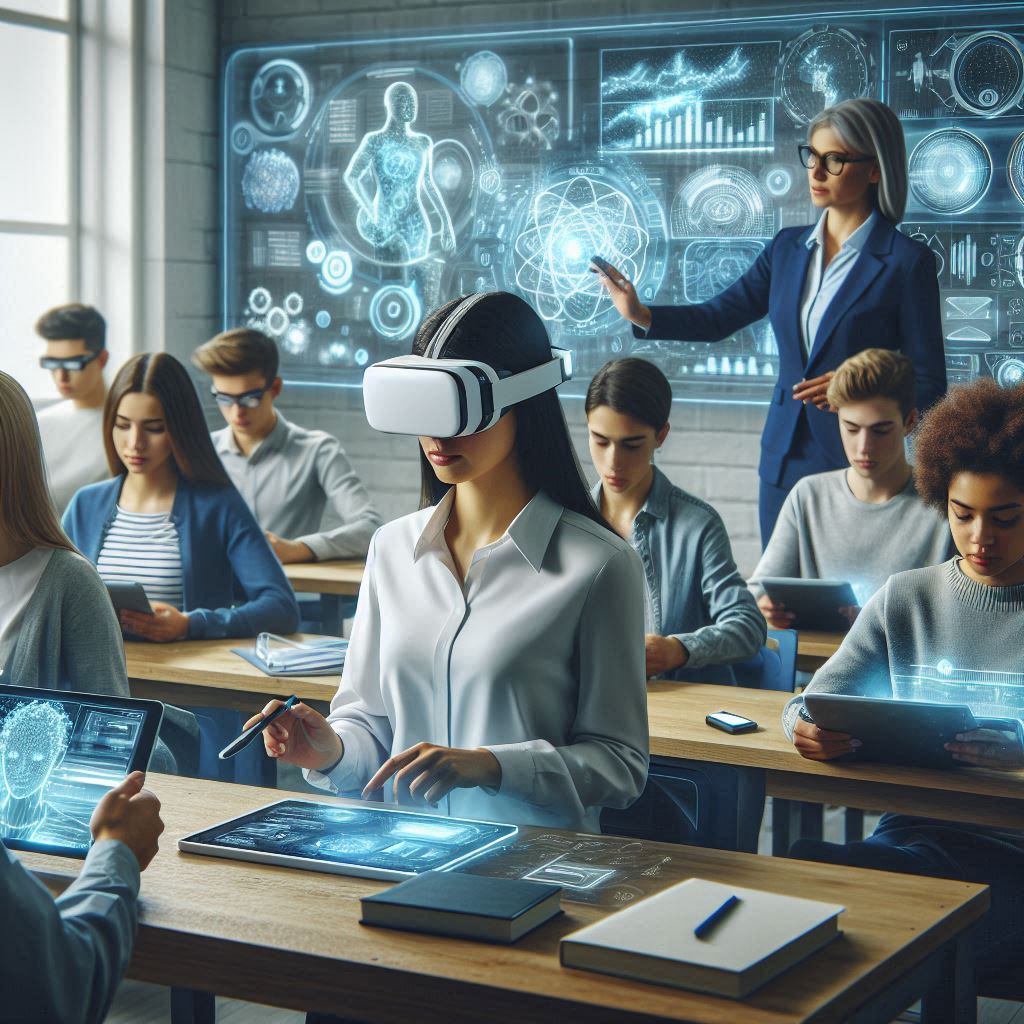 An AI-enhanced classroom with diverse students using advanced technology like tablets and VR headsets, while a professor interacts with a smart whiteboard in a futuristic setting.