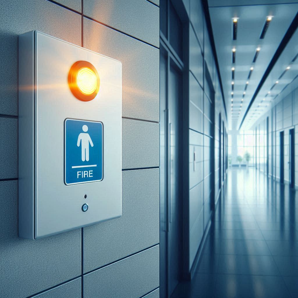 An image of visual communication aids, such as a fire alarm with a flashing light, displayed prominently in an office hallway, emphasizing accessibility features.