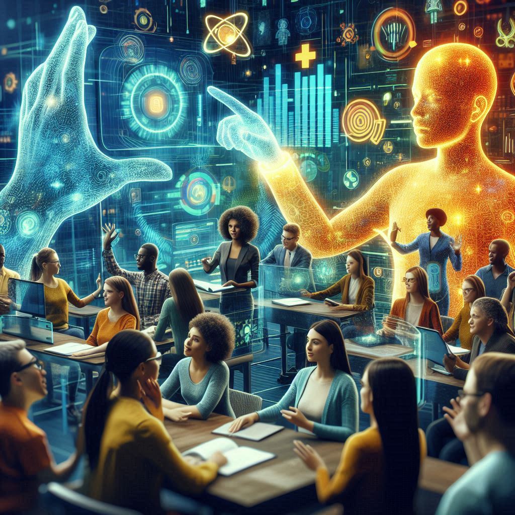 An image depicting a diverse group of Deaf individuals engaging in a modern, technologically advanced learning environment. The setting should include elements like holographic displays, sign language on digital screens, and a community-centric atmosphere. The colors should be vibrant, reflecting the empowerment and inclusion that education brings. The image should evoke a sense of progress, innovation, and unity within the Deaf community.