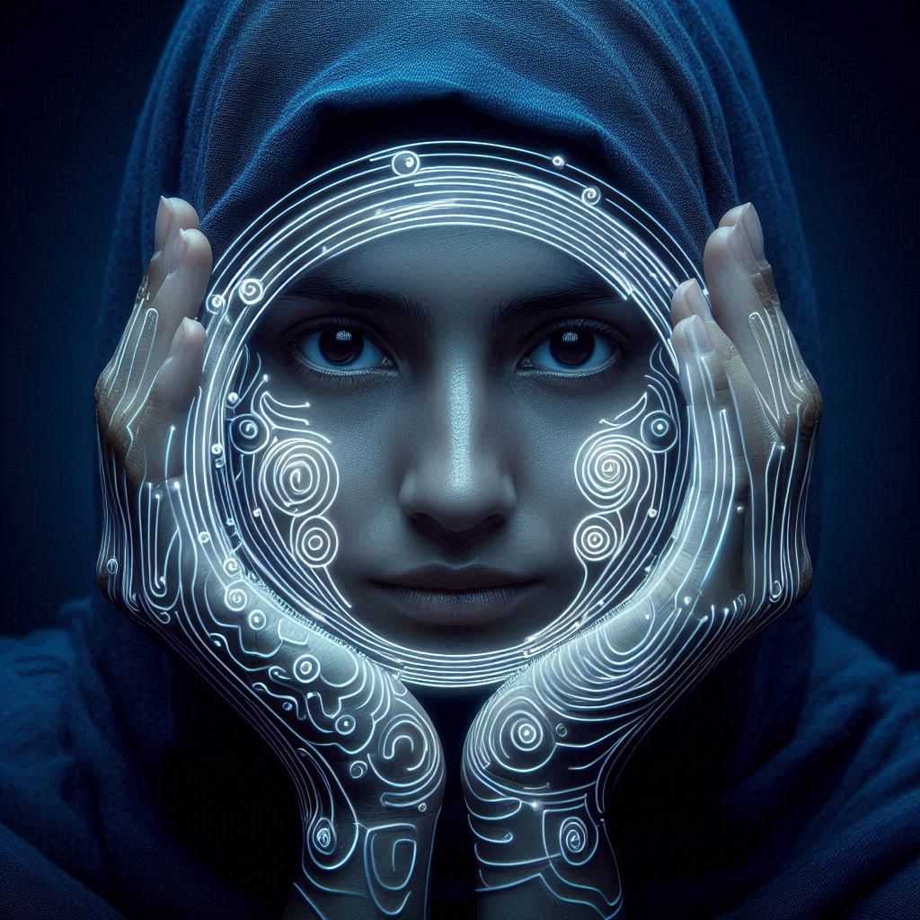 Headshot of a refugee woman forming a rounded technology whirlpool with her hands. Navy blue light shade.