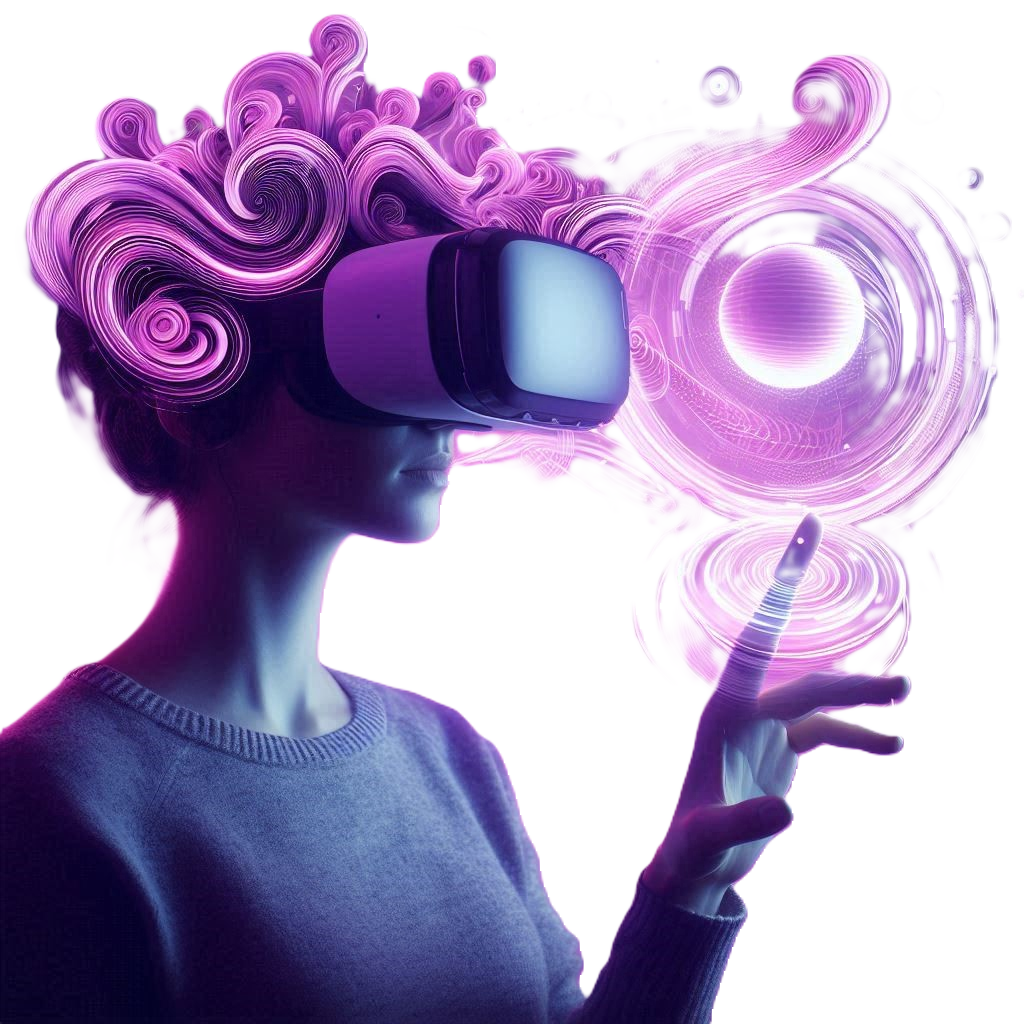 Woman with a VR Headset moving herhands to form rounded technology whirlpool. Magenta light shade. no background