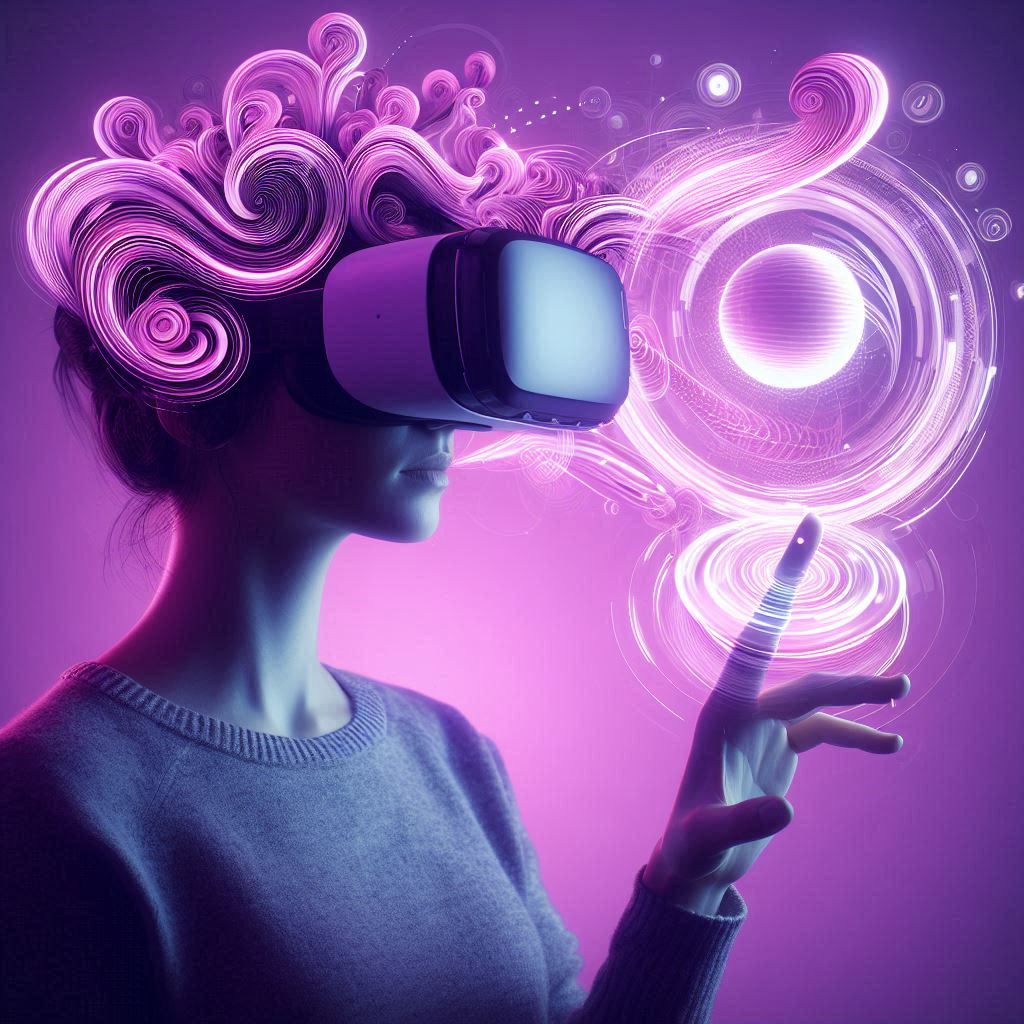 Woman with a VR Headset moving herhands to form rounded technology whirlpool. Magenta light shade.