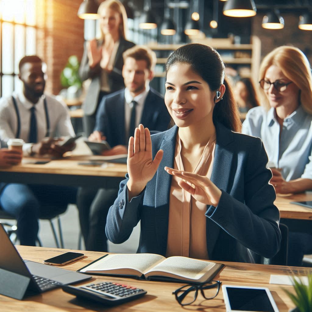 A diverse group of professionals in an open office setting, including a Deaf employee using sign language, with modern technology devices around them, representing an inclusive workplace. The atmosphere is vibrant and collaborative, with warm, natural lighting and plants adding to the open, welcoming space.