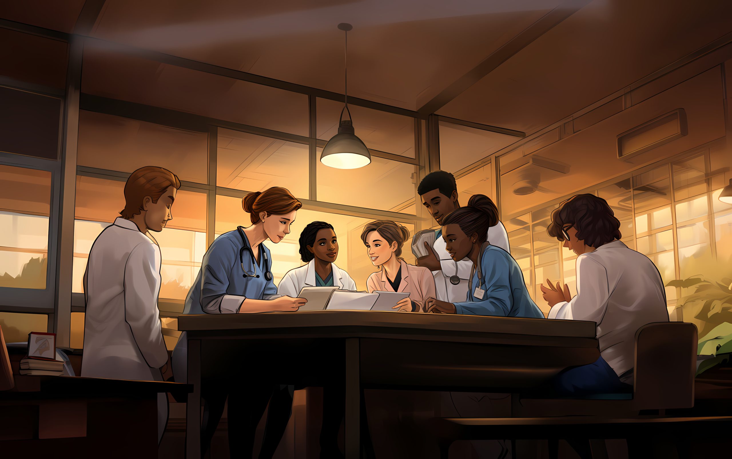 Anime-style portrayal of a diverse group of medical professionals engaged in a lively discussion during a team meeting, highlighting the importance of communication and collaboration in healthcare --