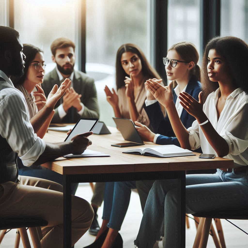 A small group of people in a meeting room, engaging in discussion. Some participants are using sign language while others are speaking, creating an inclusive and communicative environment. The setting is modern with a focus on collaboration.