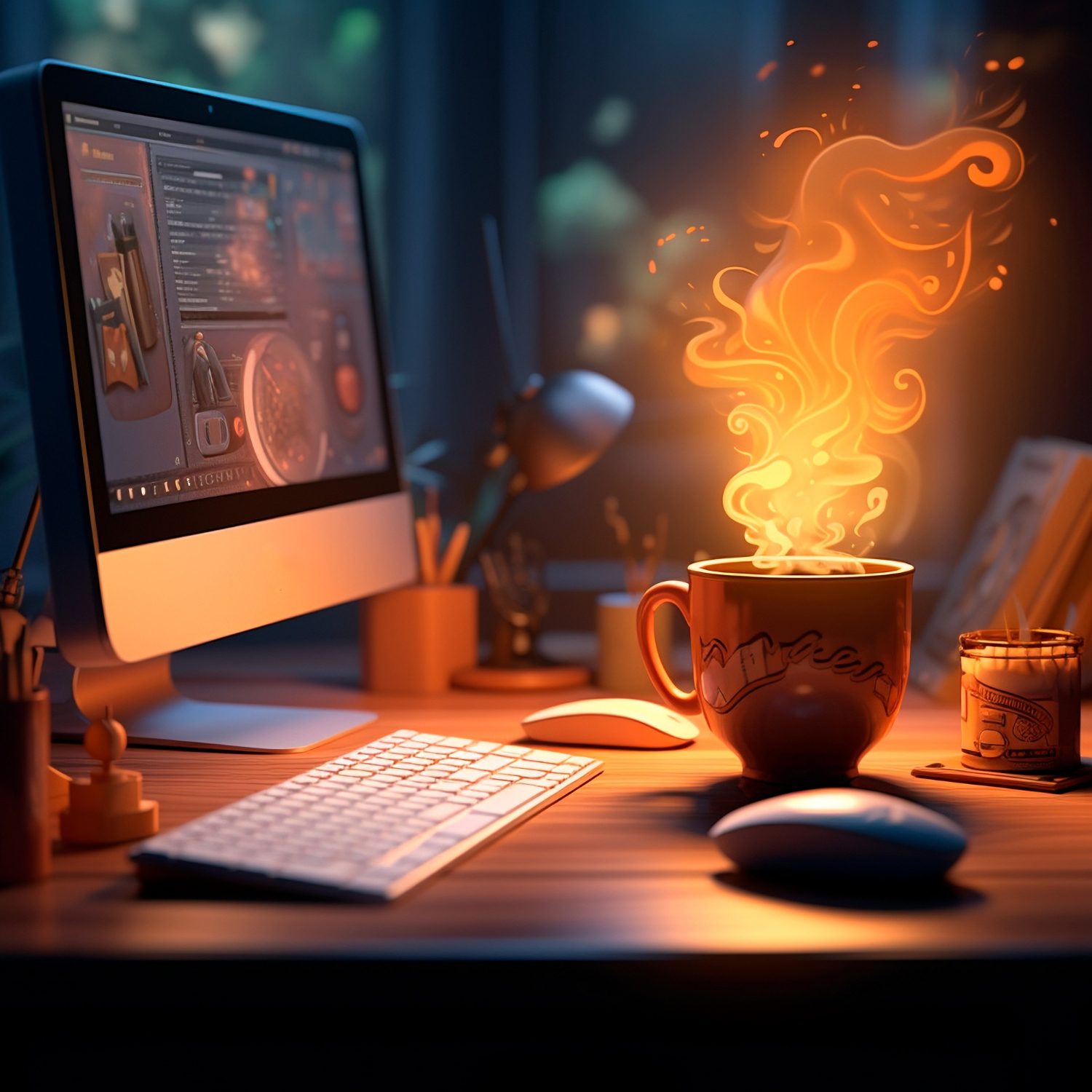 A cartoon, An inviting 3D visualization of a computer on a desk with a steaming coffee, creating a cozy and productive atmosphere for work or study, in the style of animated gifs, clean and simple designs, 3D, --c 10