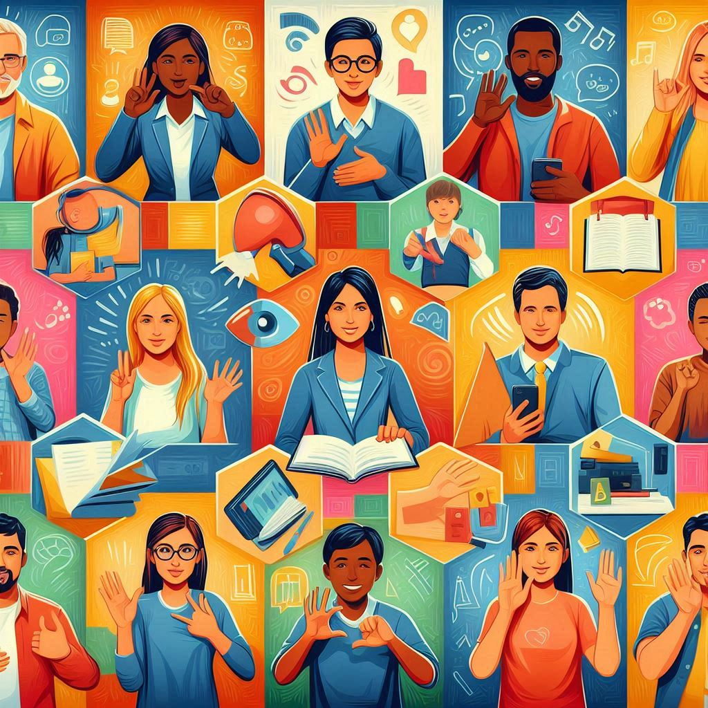 AI generated image of A vibrant celebration of Deaf Awareness Month, featuring diverse individuals using sign language in various settings—educational, professional, and social—emphasizing unity, empowerment, and inclusion.