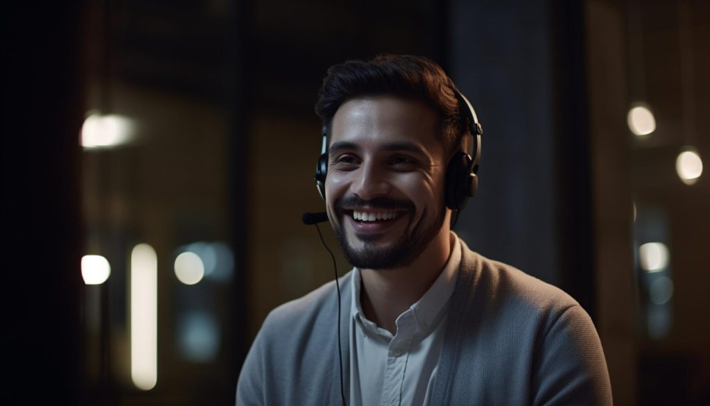 Smiling young businessman listening with headphones indoors generated by AI.