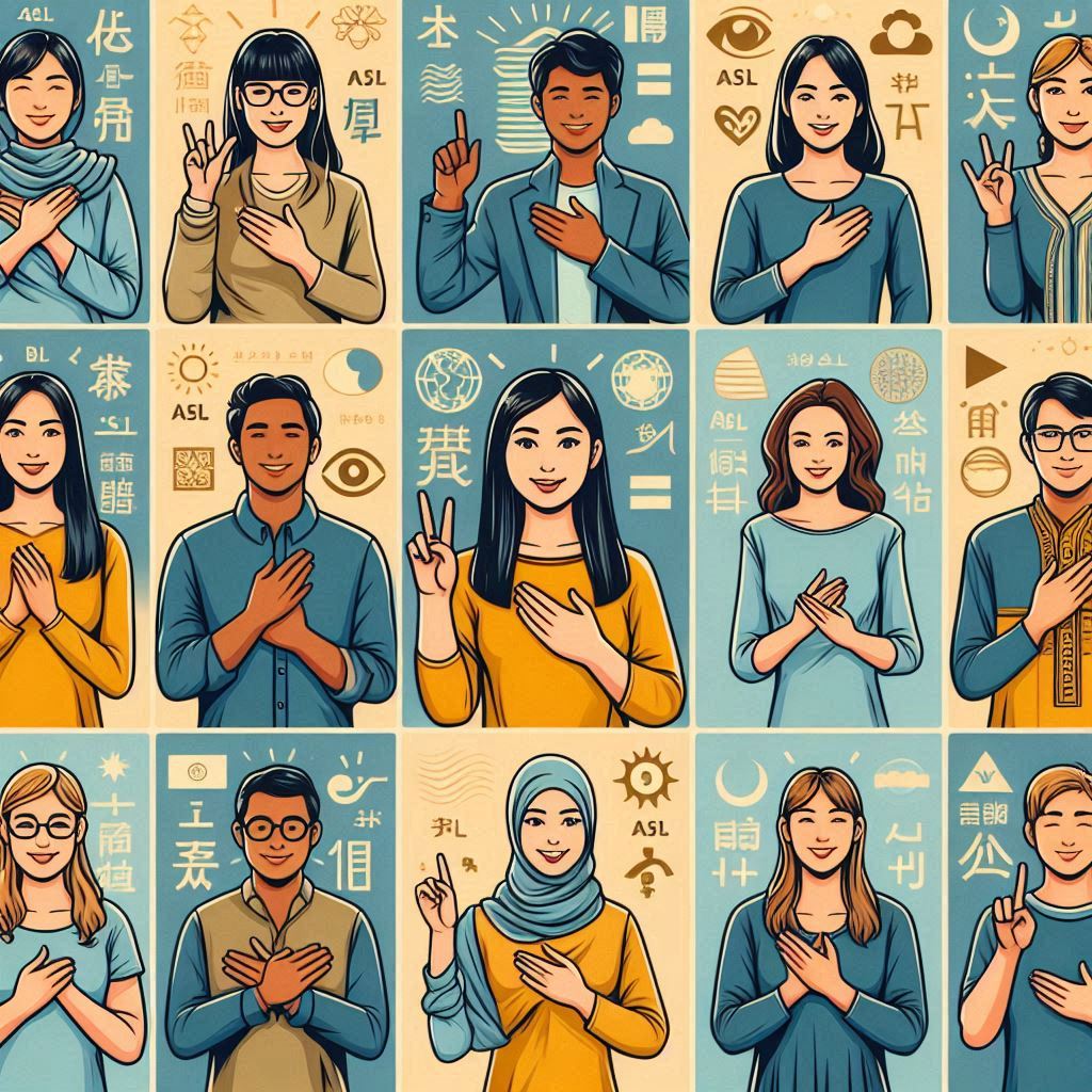 AI image of an illustration showcasing various sign languages from different countries, featuring diverse individuals using ASL, BSL, ArSL, and other sign languages, with cultural symbols in the background representing each country.