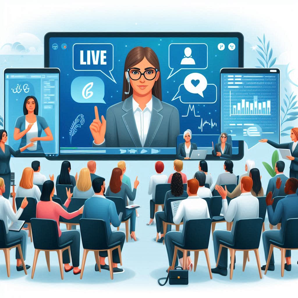 AI image illustration of a virtual event with diverse attendees, including a sign language interpreter on screen, real-time captions, and participants engaging through live chat and polls.