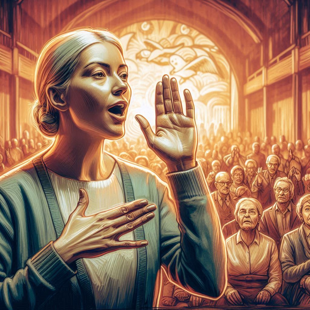 An expressive Deaf storyteller using sign language to narrate in a community gathering, with vivid facial expressions and hand gestures. The backdrop highlights a warm, community-centered setting, full of cultural Deaf community. AI Image