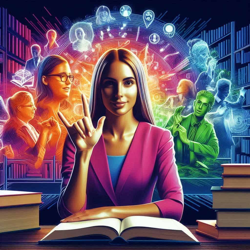 A vibrant image of a woman signing in front of a library, symbolizing the accessibility of ASL resources. Behind her, shelves filled with books and videos on ASL learning are visible. The background includes diverse community members interacting, signing, and engaging in learning together. AI Image