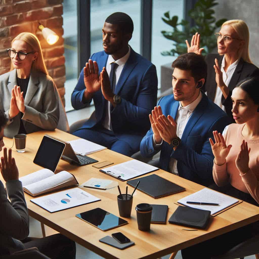 Small group of Deaf leaders, including both men and women, in a modern business setting. They are seen collaborating around a conference table, with a mix of sign language communication, written notes, and assistive technology. The environment should feel inclusive and empowering, with bold colors and a professional atmosphere.