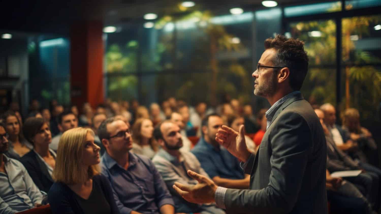 Speaker giving speech on corporate business event Audience in conference hall business and entrepreneurship event focus behind unrecognizable,8K. AI image