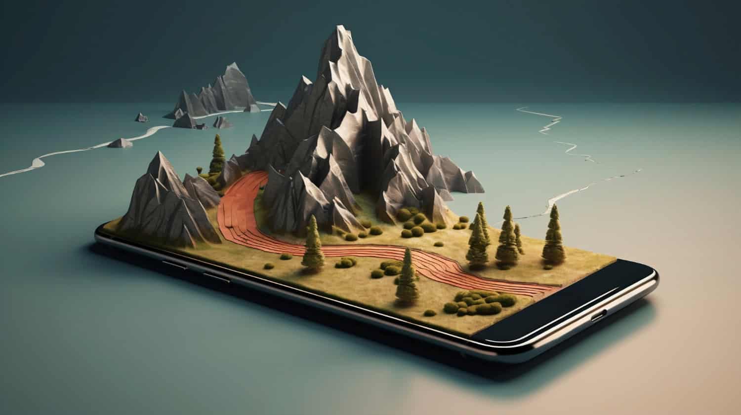 3d rendering mobile phone with a road and a journey sticking out of it. AI Image