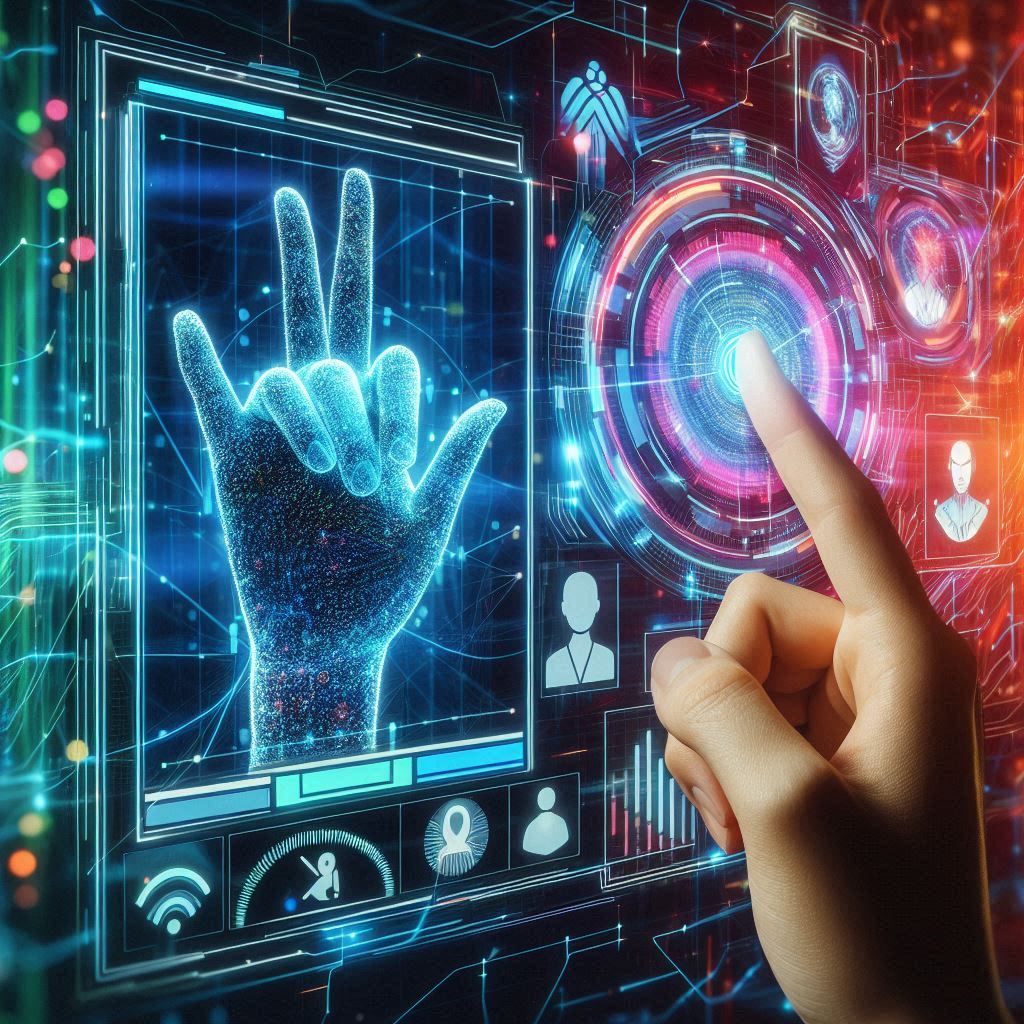 An AI-powered interface showing real-time sign language gesture recognition on a touchscreen, alongside a vibrant display of digital visuals representing ASL hand signs and facial expressions, with a backdrop of interconnected digital nodes representing data flow. AI Image