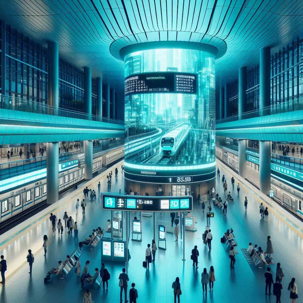 A modern, bustling train station with large, vibrant digital screens displaying both visual announcements and real-time captions, showing an inclusive and accessible environment for Deaf and hard-of-hearing individuals. Turquoise light. AI Image.