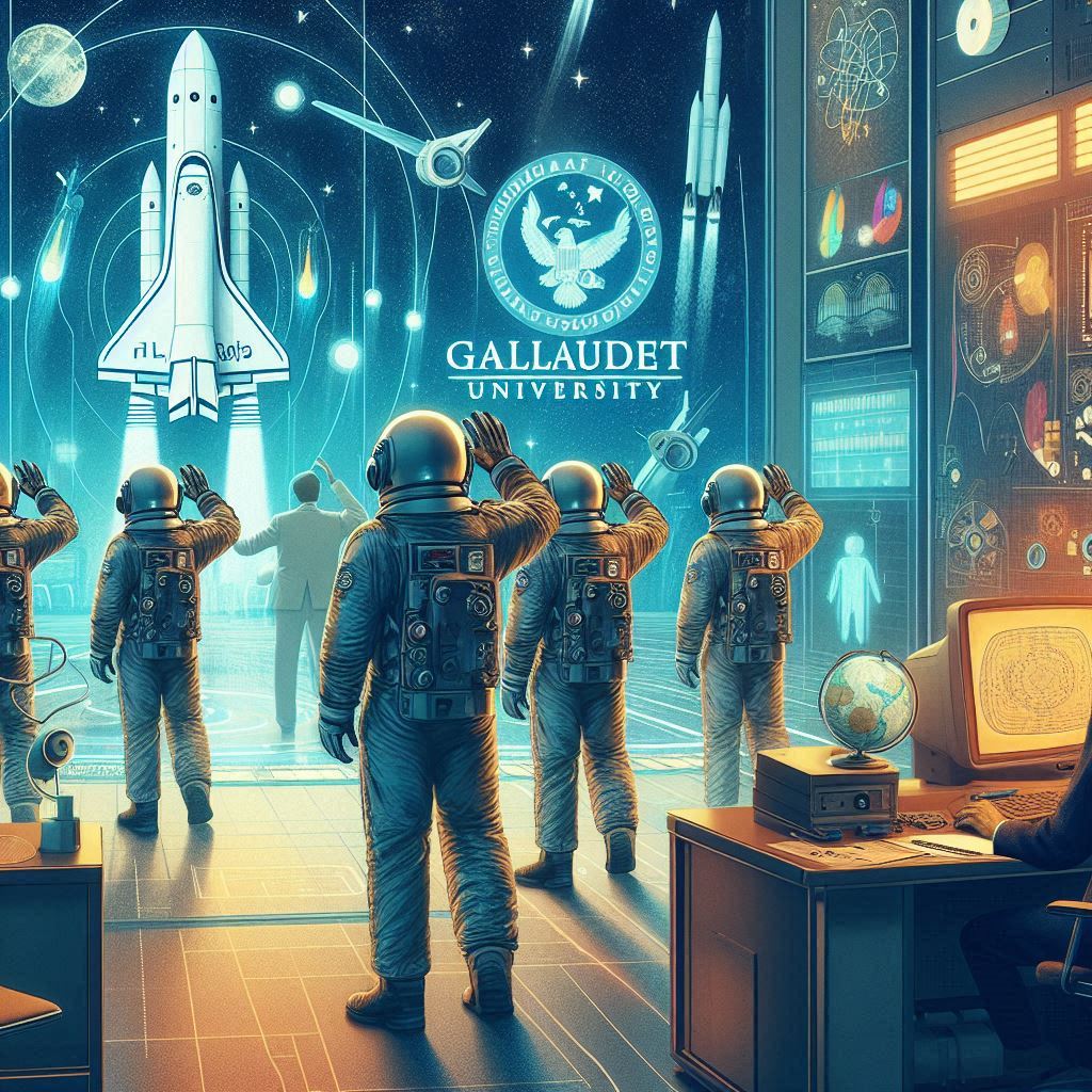 An image of a futuristic space scene where Deaf volunteers from the 1950s in NASA suits participate in an experiment, with visual elements representing space exploration and scientific research. Include a subtle tribute to Gallaudet University, like a logo on a space station in the background. AI image