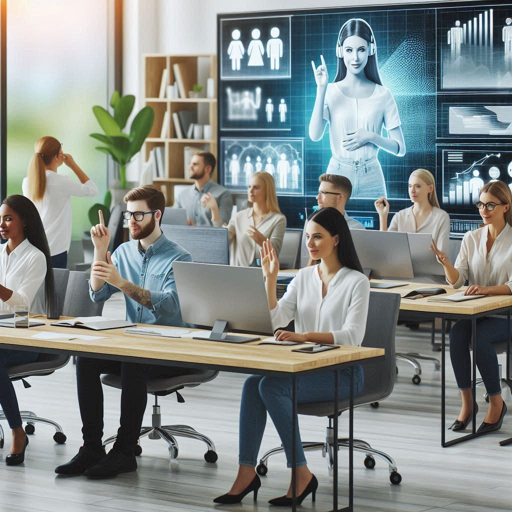 An image of a modern office space with diverse employees, including Deaf individuals using sign language, technology, and visual aids like captioned screens in a collaborative setting. The atmosphere should emphasize inclusivity and accessibility