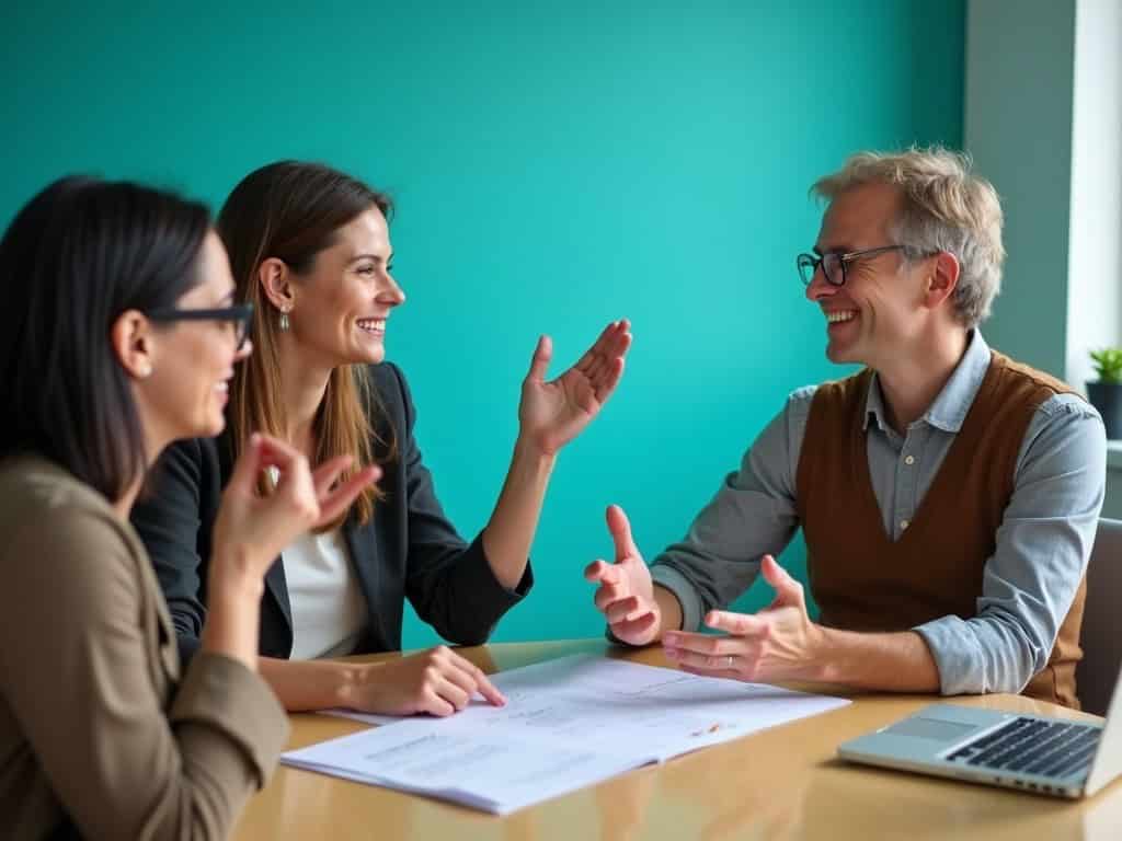 Generate an image that represents a diverse workplace where both Deaf and hearing employees are actively engaged in a training session, learning basic sign language and using assistive technology. Ensure the setting looks inclusive and collaborative, highlighting empathy and teamwork. Turquoise walls. AI image with Flux