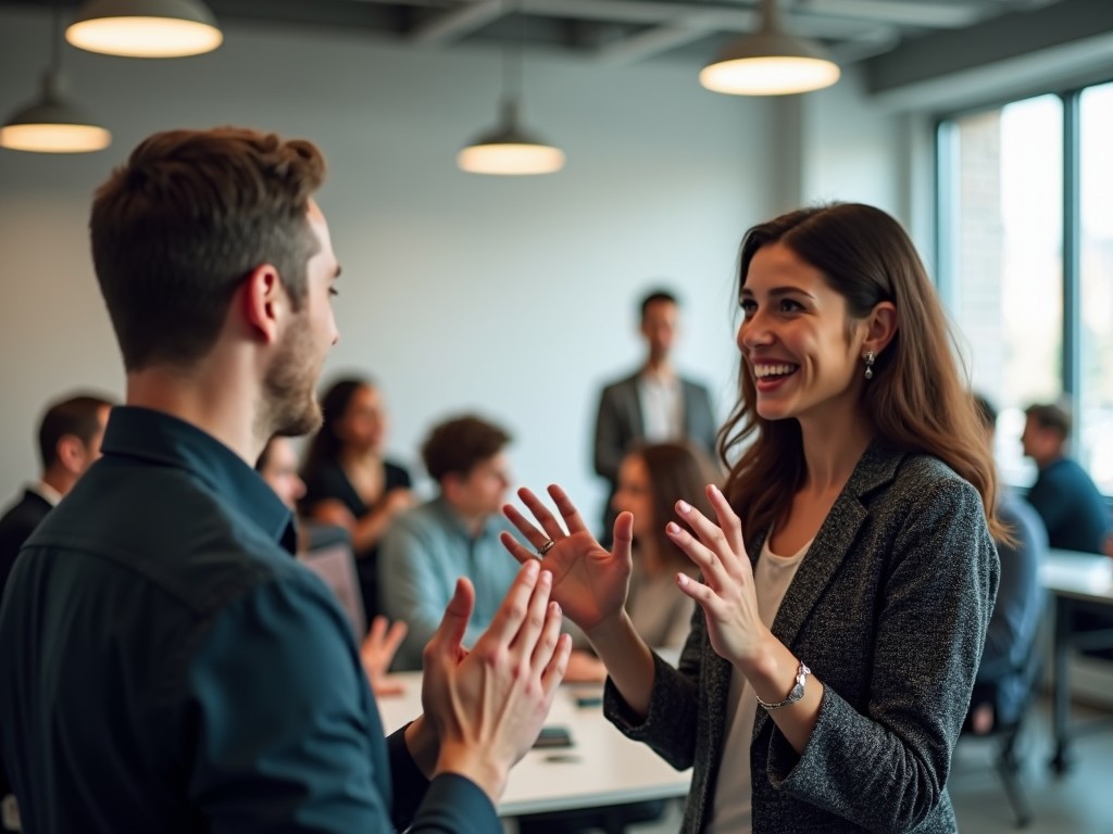 An engaging scene of a Deaf mentor and mentee in a modern workplace setting, communicating through sign language. The background features a diverse team collaborating, reflecting inclusion, diversity, and leadership growth. AI image