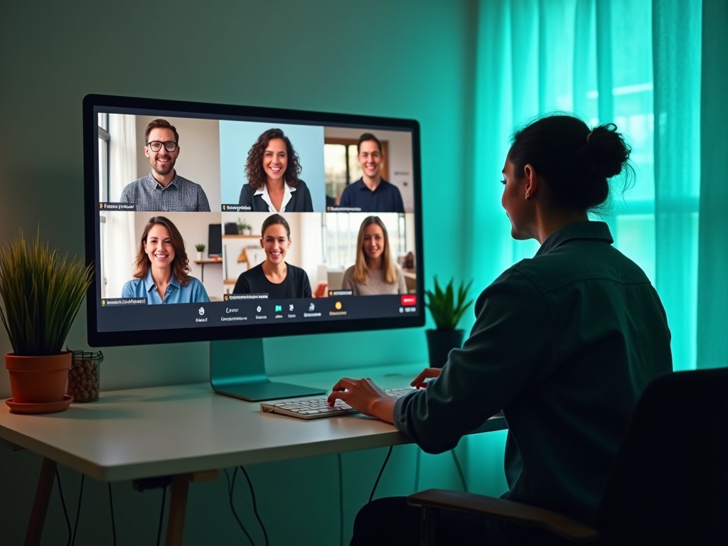 An inclusive remote workspace, where Deaf employees are participating in a video meeting with closed captioning, visual aids, and real-time chat support. The image should capture teamwork and the use of technology for inclusivity, with diverse employees working from home. Turquoise light. AI Image