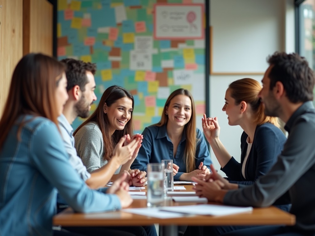 A close caption of a diverse workplace where Deaf employees are actively engaging in meetings using real-time captioning software and AI-driven sign language interpretation tools like GoSign.AI and Ava, with vibrant colors symbolizing inclusivity and collaboration. AI Image