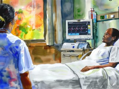 a doctor with a patient, view from the outside window, in an illustration style, like a New York Times cover style, Ration 4:2 --ar 16:9 AI Image