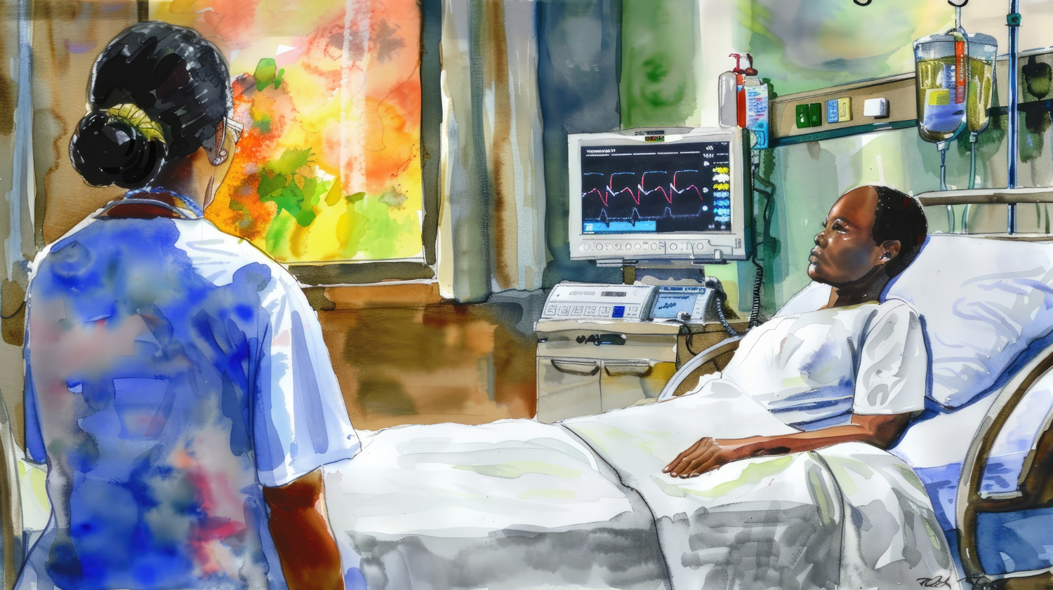 a doctor with a patient, view from the outside window, in an illustration style, like a New York Times cover style, Ration 4:2 --ar 16:9 AI Image