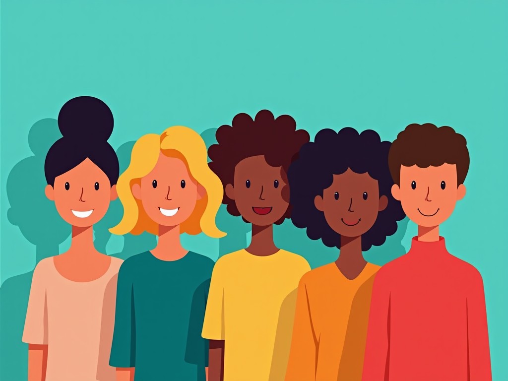 A diverse group of Deaf individuals, each representing different backgrounds and identities, standing in unity, symbolizing the layers of intersectionality within the Deaf community. Use vibrant colors to reflect diversity and connectedness—turquoise light in the background. AI image.