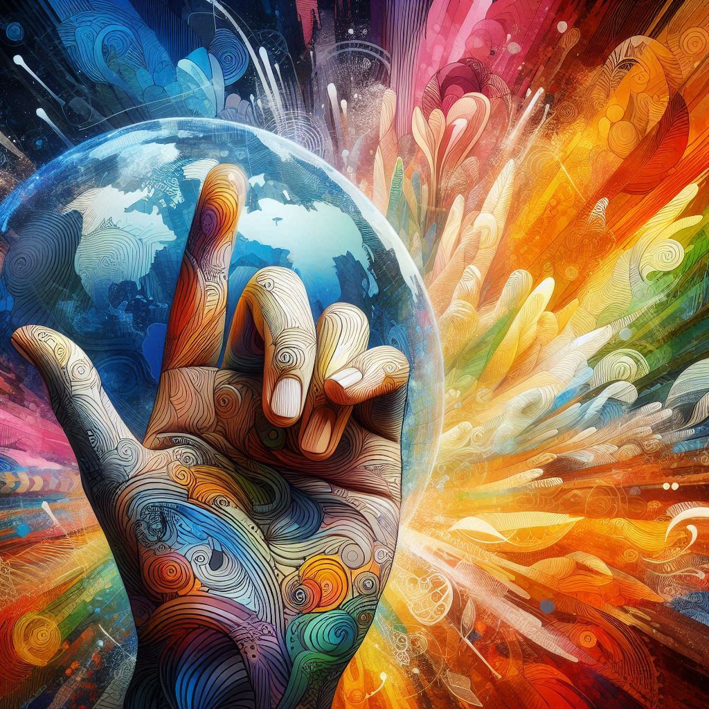 A visually captivating image of hands signing against a colorful, artistic backdrop, representing cultural diversity, creativity, and the evolution of sign languages. Global background. AI Image