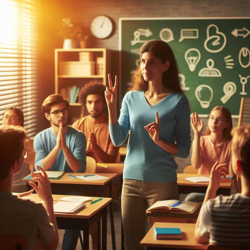 A classroom setting with diverse students and a teacher using sign language. The warm and inclusive atmosphere emphasizes Deaf awareness and empathy in education. Turquoise light. AI image