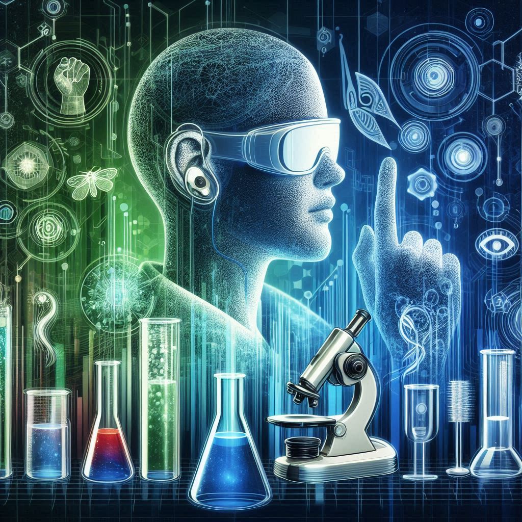 A visually striking illustration of a Deaf scientist in a lab, surrounded by futuristic holographic tools, emphasizing innovation and diversity. Vibrant colors like blue and green to symbolize technology and progress. AI Image