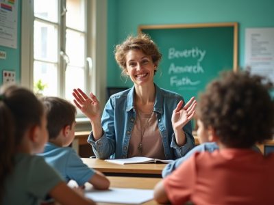 A classroom setting with diverse students and a teacher using sign language. The warm and inclusive atmosphere emphasizes Deaf awareness and empathy in education. Turquoise light A classroom setting with diverse students and a teacher using sign language. The warm and inclusive atmosphere emphasizes Deaf awareness and empathy in education. Turquoise light. AI Image