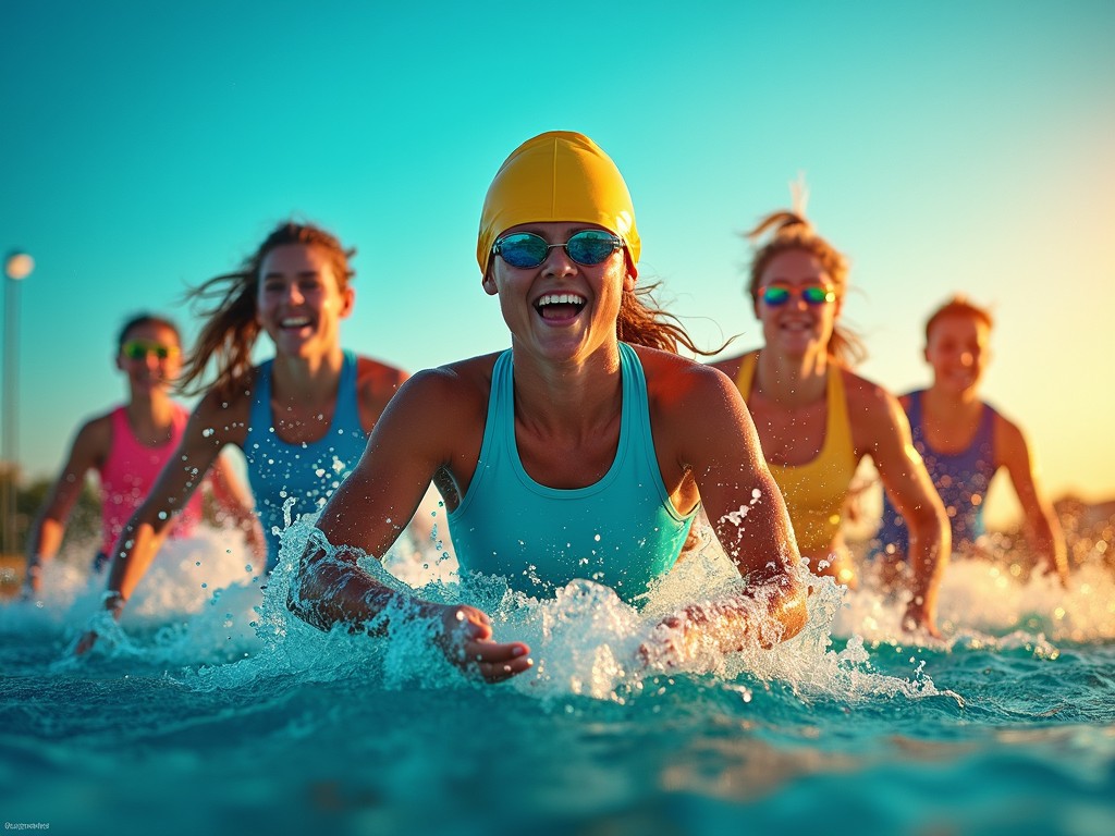 An energetic and inspiring image of Deaf athletes in action across various sports, including swimming, basketball, and track. Use vibrant colors to highlight inclusivity and showcase visual communication, such as sign language and visual cues—turquoise background at the golden hour. AI Image