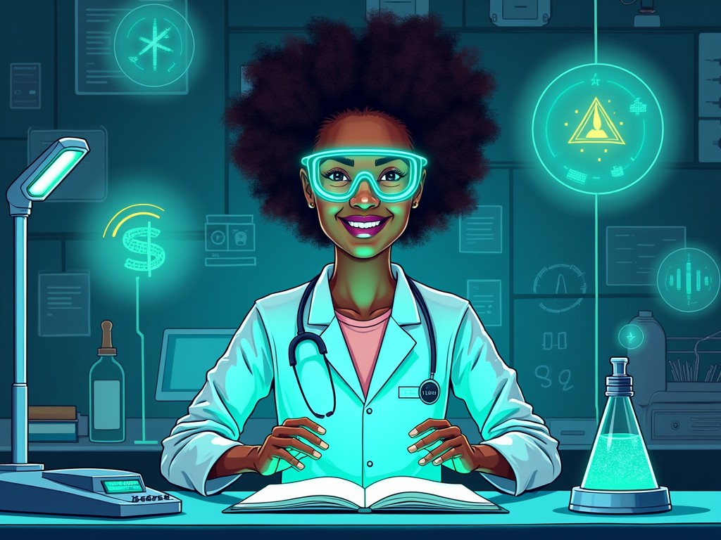 A visually striking illustration of a Deaf scientist in a lab, surrounded by futuristic holographic tools, emphasizing innovation and diversity. Vibrant colors like blue and green to symbolize technology and progress. AI Image.