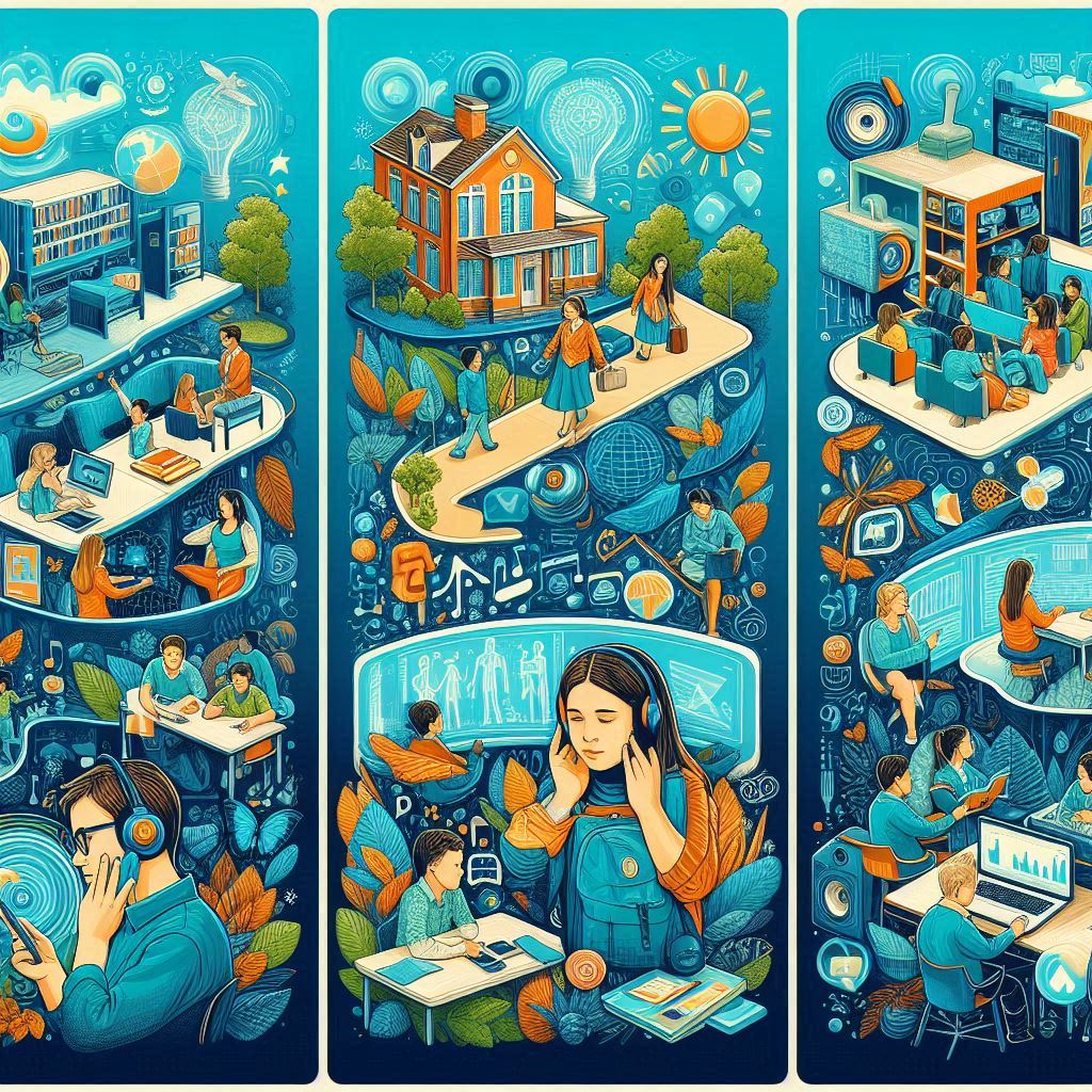 AI Image of an inspiring digital illustration showcasing the evolution of Deaf education, with vibrant scenes of Deaf students learning in classrooms, interacting with digital tools, and engaging in community activities. Incorporate Cicada Sign’s branding colors: turquoise (#04a2b2) and dark blue (#262262).