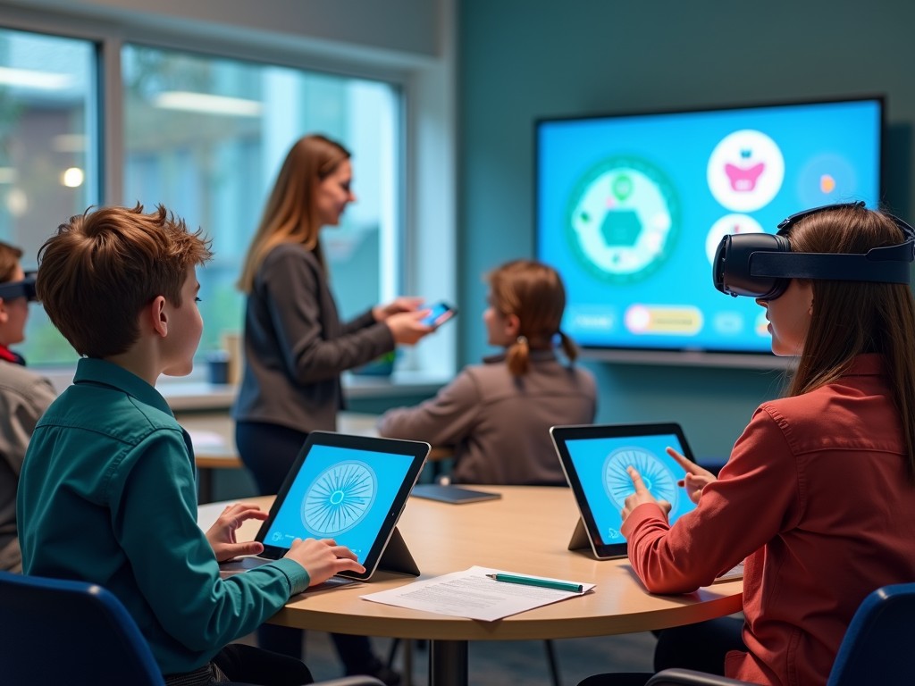 An interactive classroom scene featuring Deaf students and teachers using gamification AI tools on tablets, VR headsets, and interactive boards. Emphasize vibrant, engaging visuals and Cicada Sign's branding colors: turquoise (#04a2b2) and deep navy (#262262), AI Image