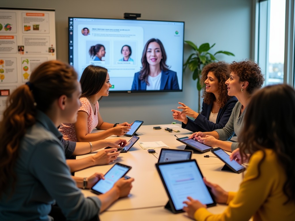 A small diverse group of Deaf individuals engaging with various digital devices in a modern classroom setting. Some participants are using smartphones with speech-to-text apps, while others interact with tablets displaying sign language avatars. The background features educational posters highlighting digital literacy concepts, and a large screen shows a video call with real-time captioning. The atmosphere is collaborative and inclusive, emphasizing the integration of technology in enhancing communication and learning for the Deaf community. AI Image