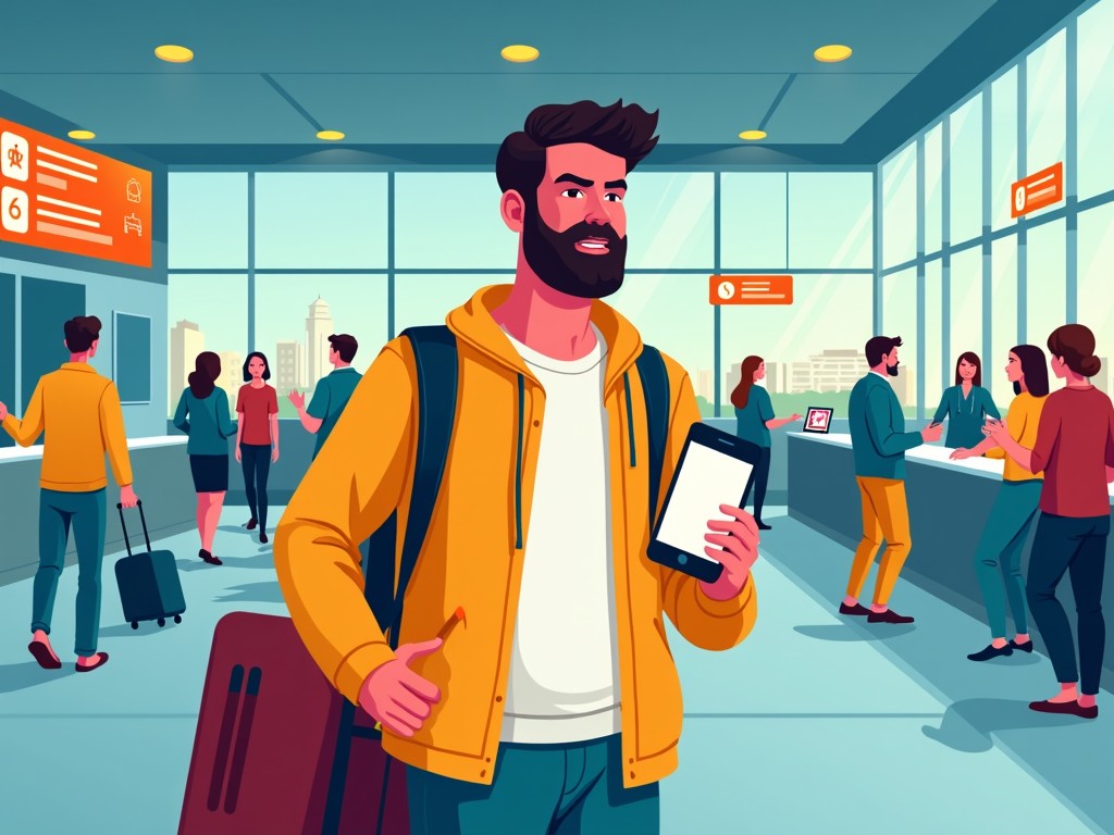 An illustration of a Deaf traveler standing confidently in a bustling airport with a smartphone displaying a captioning app. Bright, vibrant colors reflecting Cicada Sign’s branding (#04a2b2 and #262262), with elements of inclusivity like visible signs, accessible kiosks, and smiling staff. AI Image