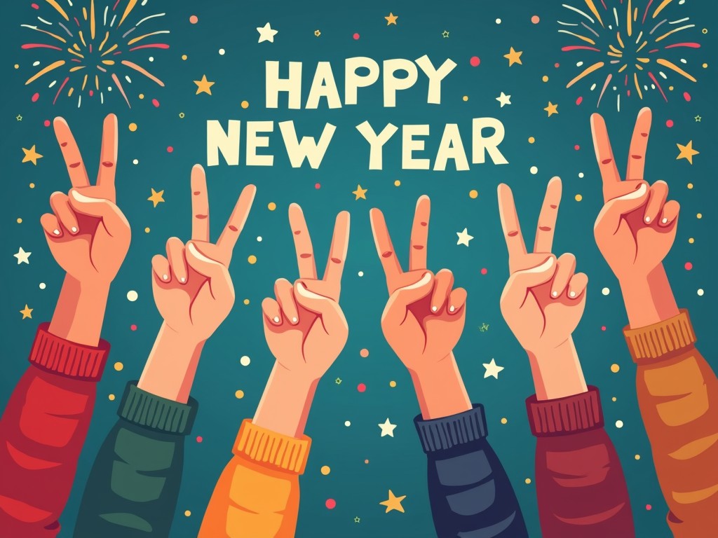 AI Image of an inclusive real image of hands signing 'Happy New Year' in various sign languages, surrounded by festive New Year decorations like confetti and fireworks, incorporating the colors #04a2b2 and #262262