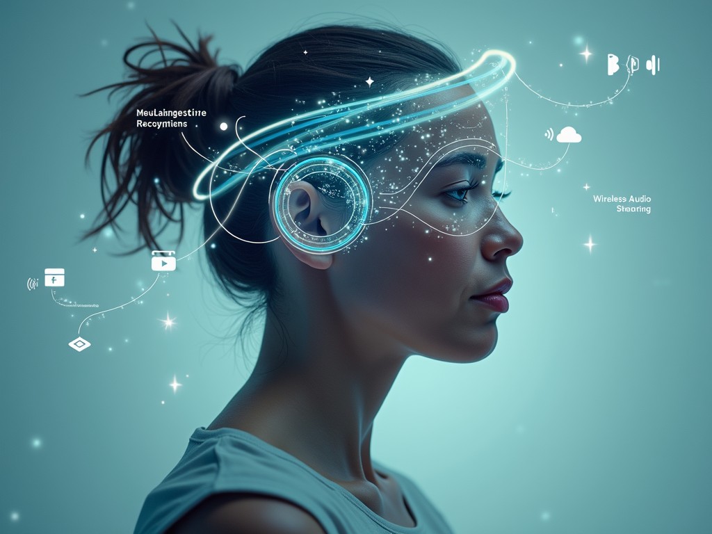 A surreal image of a Deaf person, engaging with various assistive technologies such as AI-driven sign language recognition devices, wireless audio sharing systems, and smart hearing aids, illustrating inclusivity and technological advancement. Minimal art. AI Image