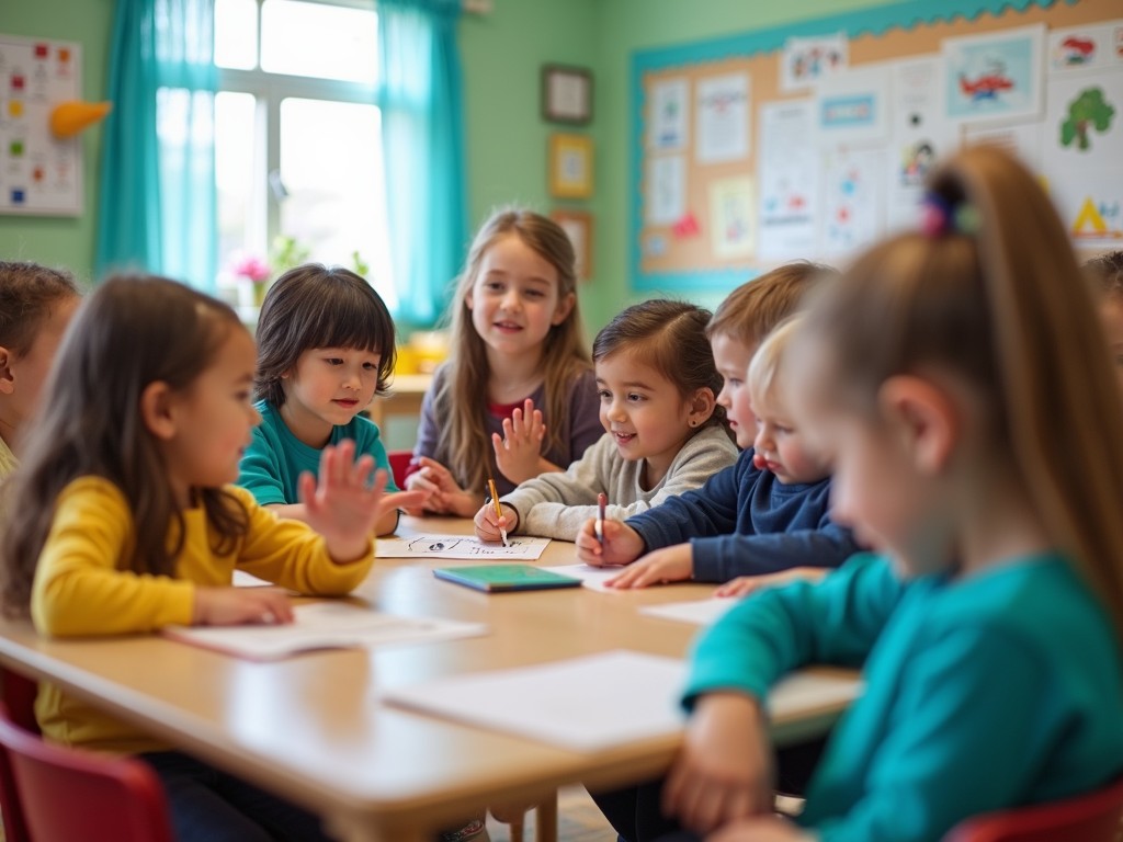 A diverse early childhood classroom where children are engaging in learning activities, with visual aids and sign language being used, illustrating an inclusive and supportive environment for Deaf and hearing students alike. The classroom decor prominently features Cicada Sign's brand colors: a vibrant teal (#04a2b2) and a deep navy blue (#262262). AI Image.