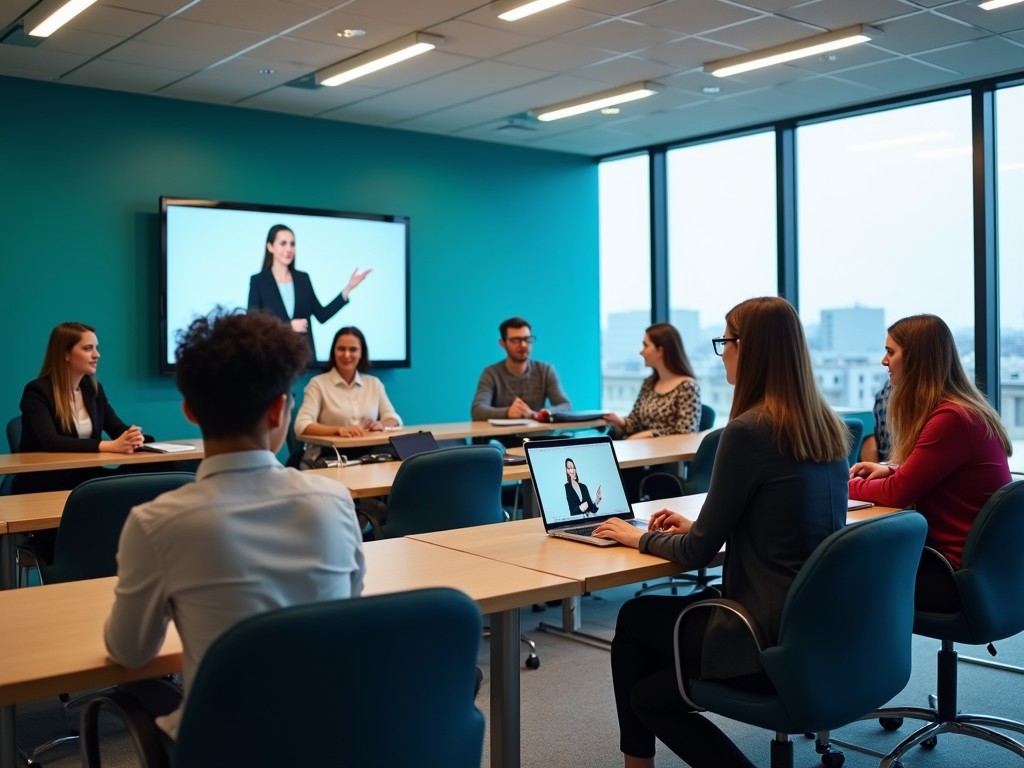 A modern university classroom featuring Deaf and hearing students engaging collaboratively, with smart technology displaying real-time captions and sign language interpreter, all set within an environment accented by colors: vibrant teal and deep navy blue. AI Image