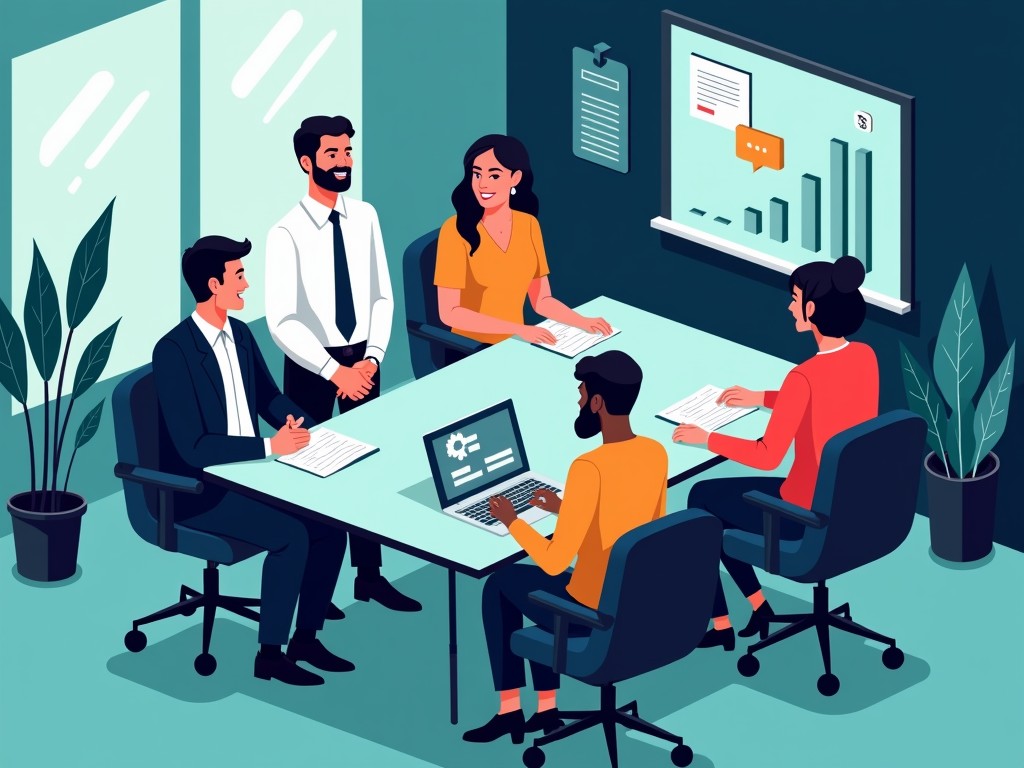 A vibrant illustration of a Deaf entrepreneur confidently leading a team meeting in a modern office setting, with diverse team members collaborating, all set within an environment accented by vibrant teal & dark navy blue. Isometric art.